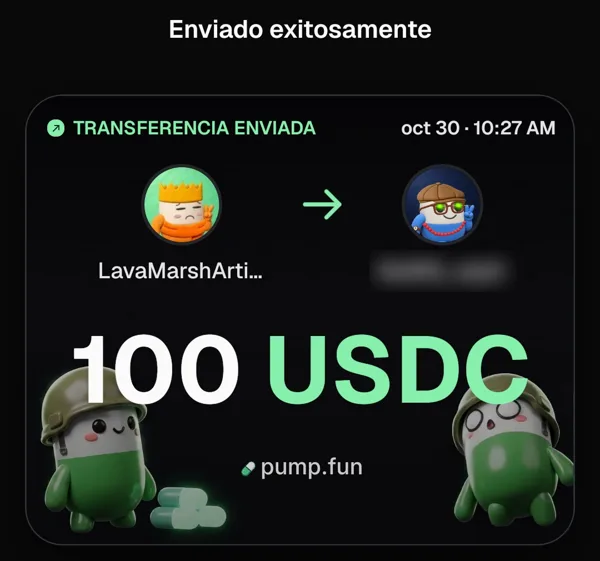 Transferencia enviada de 100 USDC desde pump.fun